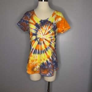 Vibrant Spiral Tie-Dye Women's Top Orange, Yellow, Grey Size small Handmade